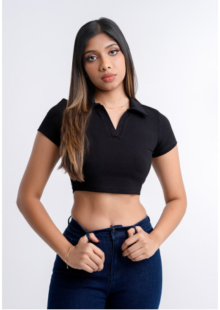 RIB COLLAR BLACK CROP TEE